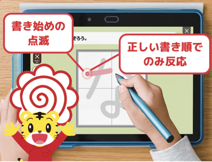 正しい書き順でのみ反応するひらがな練習の画面