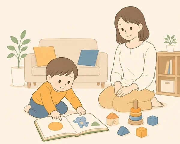 届いた教材の絵本とおもちゃで遊ぶ子どもと見守る保護者